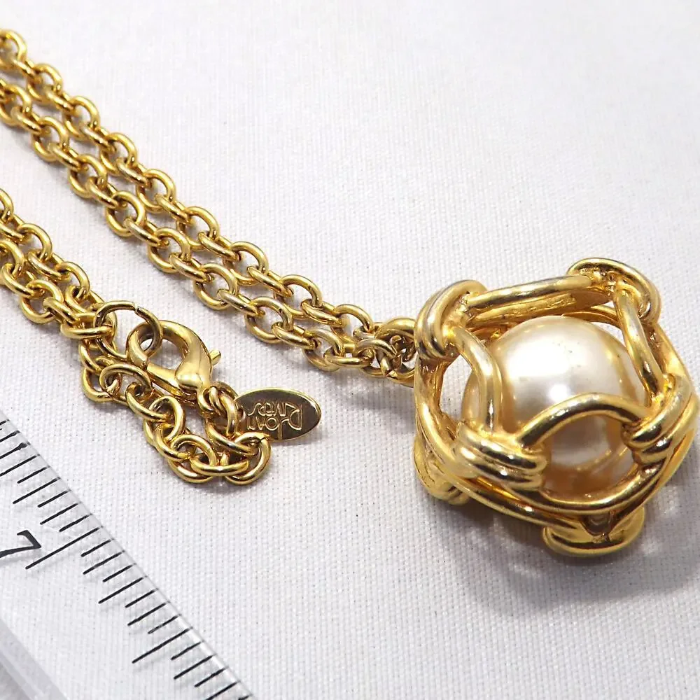Joan Rivers Faux Caged Pearl Pendant Necklace, Gold Plated, 1990s, 29 In